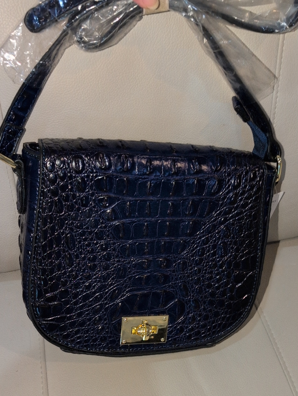 Structured Croc-Embossed Shoulder Bag in Navy Blue -  NWT
